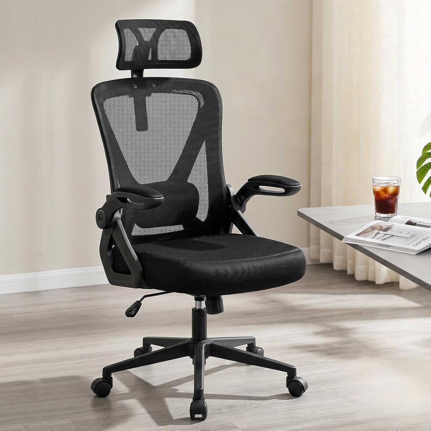 Mesh Office Chair With Adjustable Lumbar Support, Ergonomic High Back Desk Chair With Headrest, Swivel Rolling Computer Chair For Home Office (Black)
