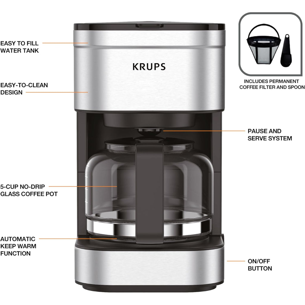 KRUPS Simply Brew Compact 5 Cup Coffee Maker: Stainless Steel Design, Pause & Brew, Keep Warm, Reusable Filter, Drip-Free Carafe