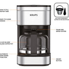 KRUPS Simply Brew Compact 5 Cup Coffee Maker: Stainless Steel Design, Pause & Brew, Keep Warm, Reusable Filter, Drip-Free Carafe