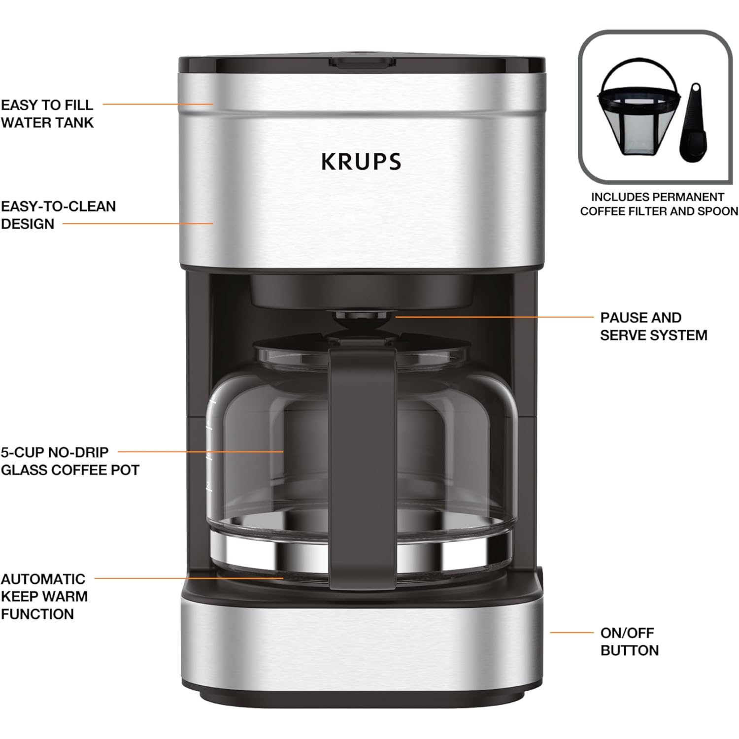 KRUPS Simply Brew Compact 5 Cup Coffee Maker: Stainless Steel Design, Pause & Brew, Keep Warm, Reusable Filter, Drip-Free Carafe