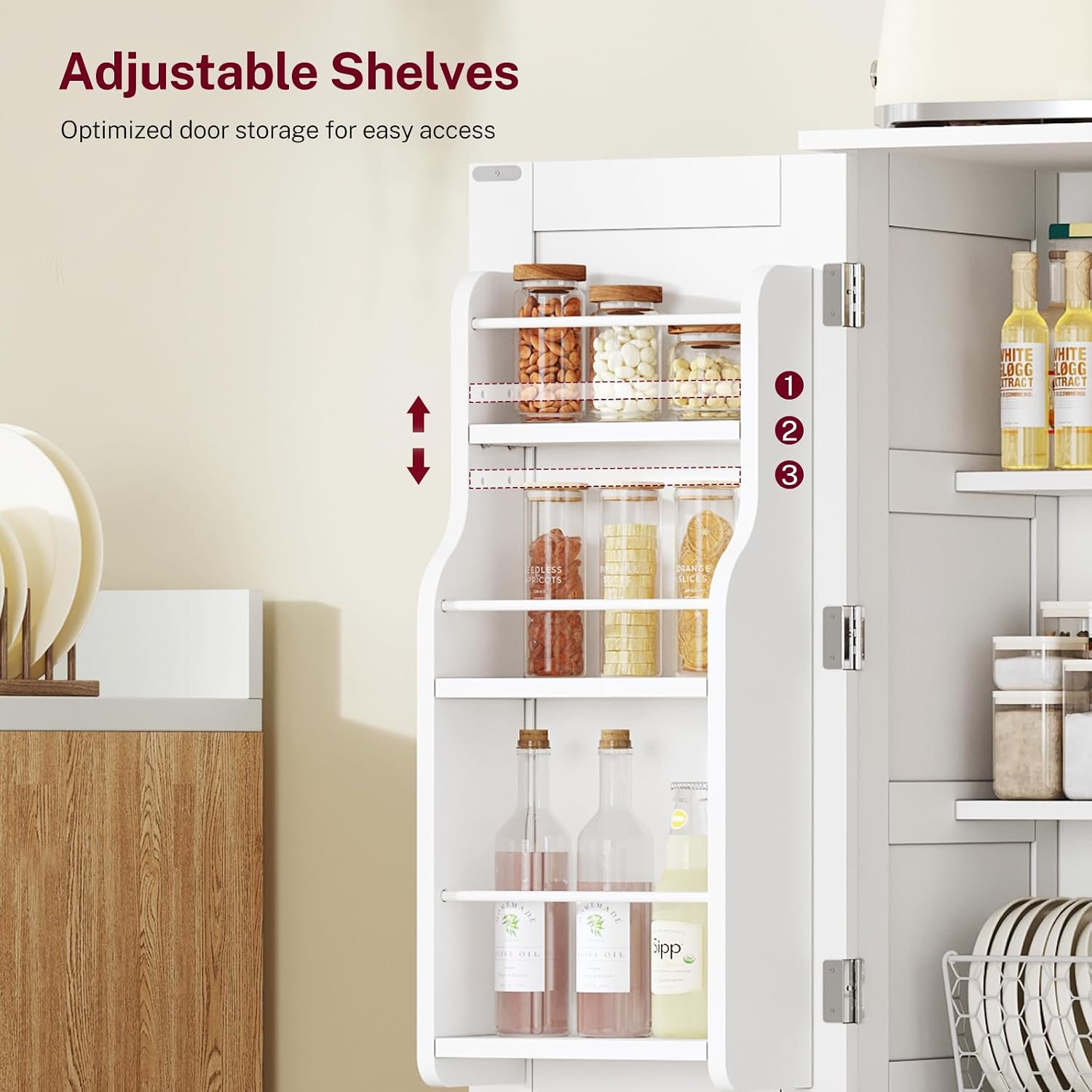 43'H Pantry Cabinet With 4 Doors, Kitchen Cabinet With 6 Door Shelves, Storage Cabinet-Kitchen Pantry For Living Room, Dining Room, Bathroom, White