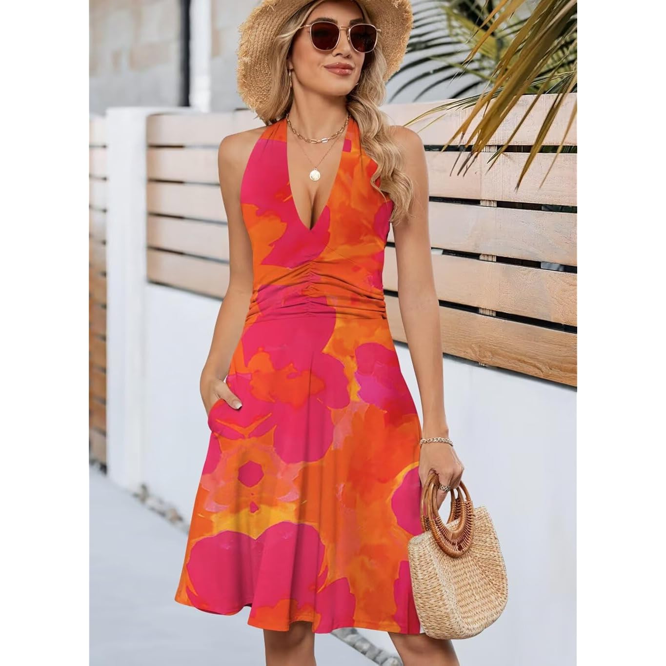 Wkior Womens Sundress Summer Beach Vacation Sleeveless Halter Neck A-Line 2026 Boho Floral Midi Dress With Pockets