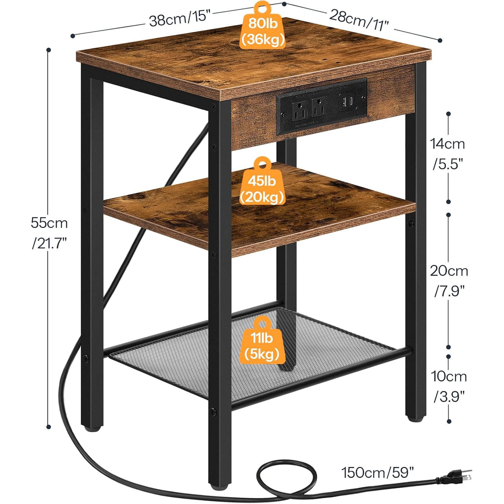 Hoobro Side Table With Charging Station And Usb Port, Small End Table For Small Space, 3-Tier Nightstand With Adjustable Shelf, For Living Room, Bedroom, Rustic Brown Bf112Bz01