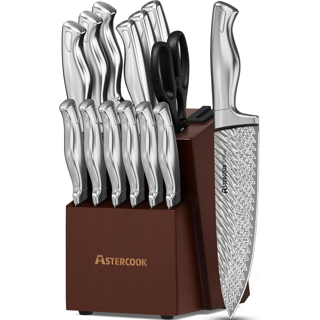 Astercook Knife Set, 15-Piece Kitchen Knife Set with Block, Built-in Knife Sharpener, German Stainless Steel Knife Block Set, Dishwasher Safe Kitchen Utensils Set
