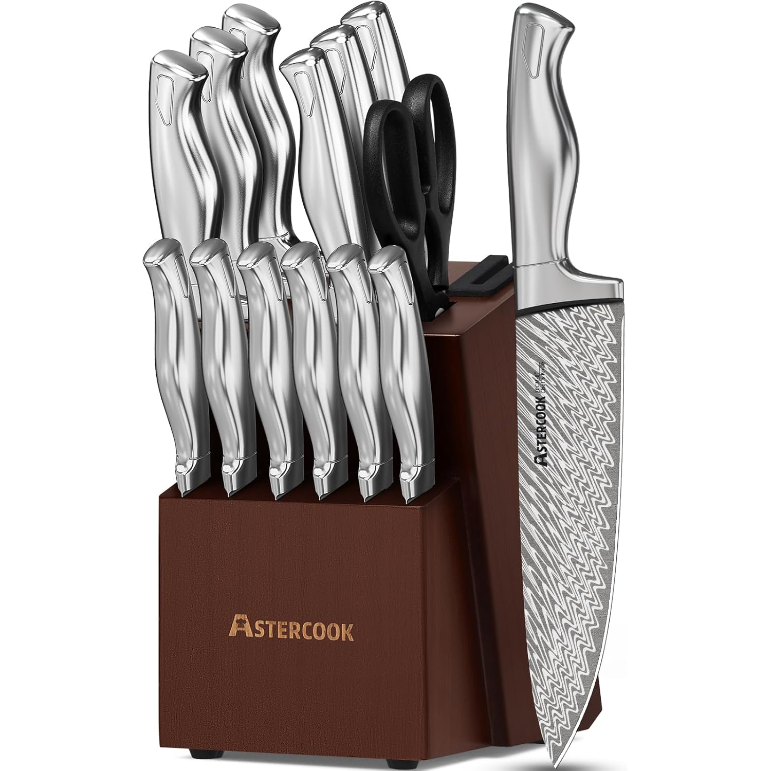Astercook Knife Set, 15-Piece Kitchen Knife Set with Block, Built-in Knife Sharpener, German Stainless Steel Knife Block Set, Dishwasher Safe Kitchen Utensils Set