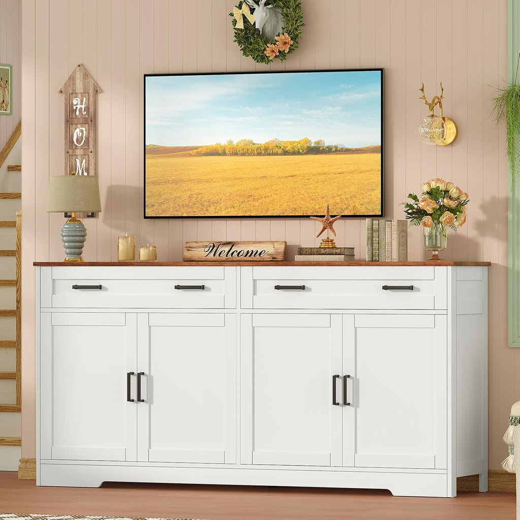 Usikey 55" Buffet Cabinet With Storage And Drawers, Large Sideboard Buffet Cabinet With Adjustable Shelves And Doors, Modern Coffee Bar For Kitchen, Living Room, White