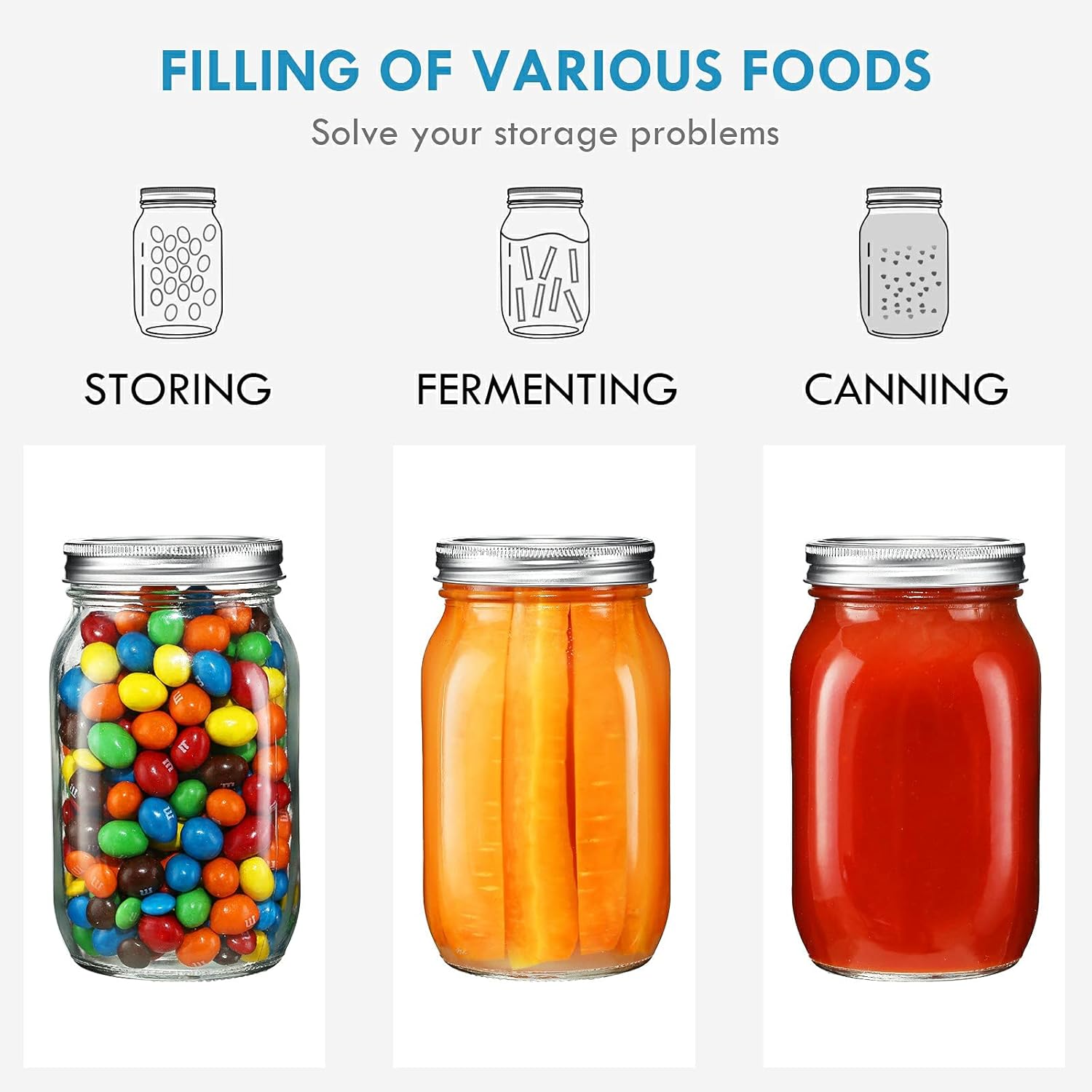 YEBODA 6 Pack Wide Mouth Mason Jars 32oz Glass Canning Jars with Airtight Lids and Bands for Preserving, Jam, Honey, Jelly, Wedding Favors, Sauces, Meal Prep, Overnight Oats, Salad, Yogurt