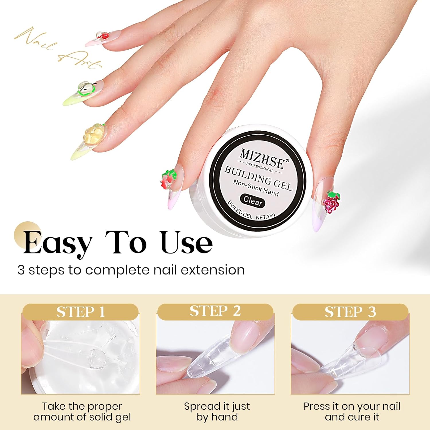 MIZHSE Solid Builder Gel Clear 3D Nail Gel, Non-Stick Hand Sculpting Gels for 3D Nail Art Carving Building Modeling, Nail Extension, Soak Off UV/LED Nail Art Salon Home DIY