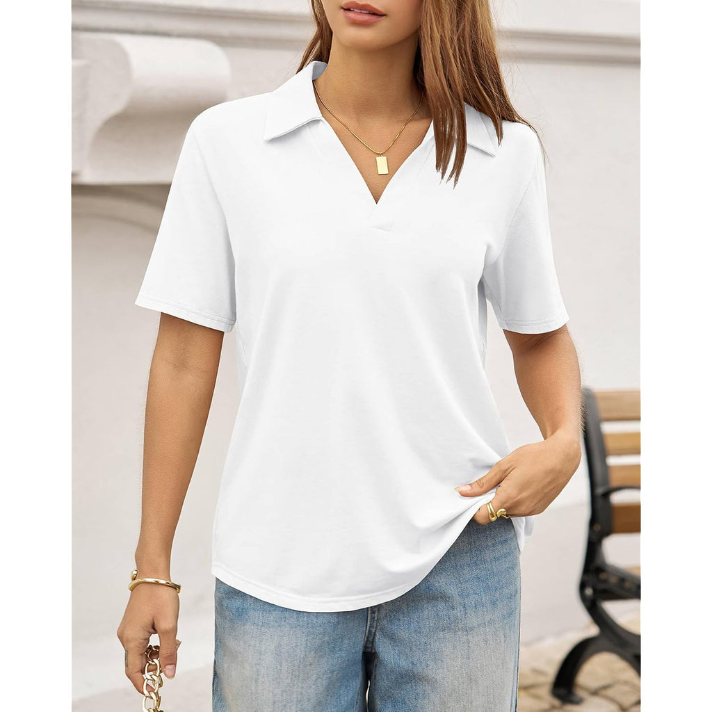 Unclecat Womens Polo Shirts Short Sleeve V Neck Business Casual Collared Tops Summer Dressy Blouses