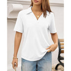 Unclecat Womens Polo Shirts Short Sleeve V Neck Business Casual Collared Tops Summer Dressy Blouses