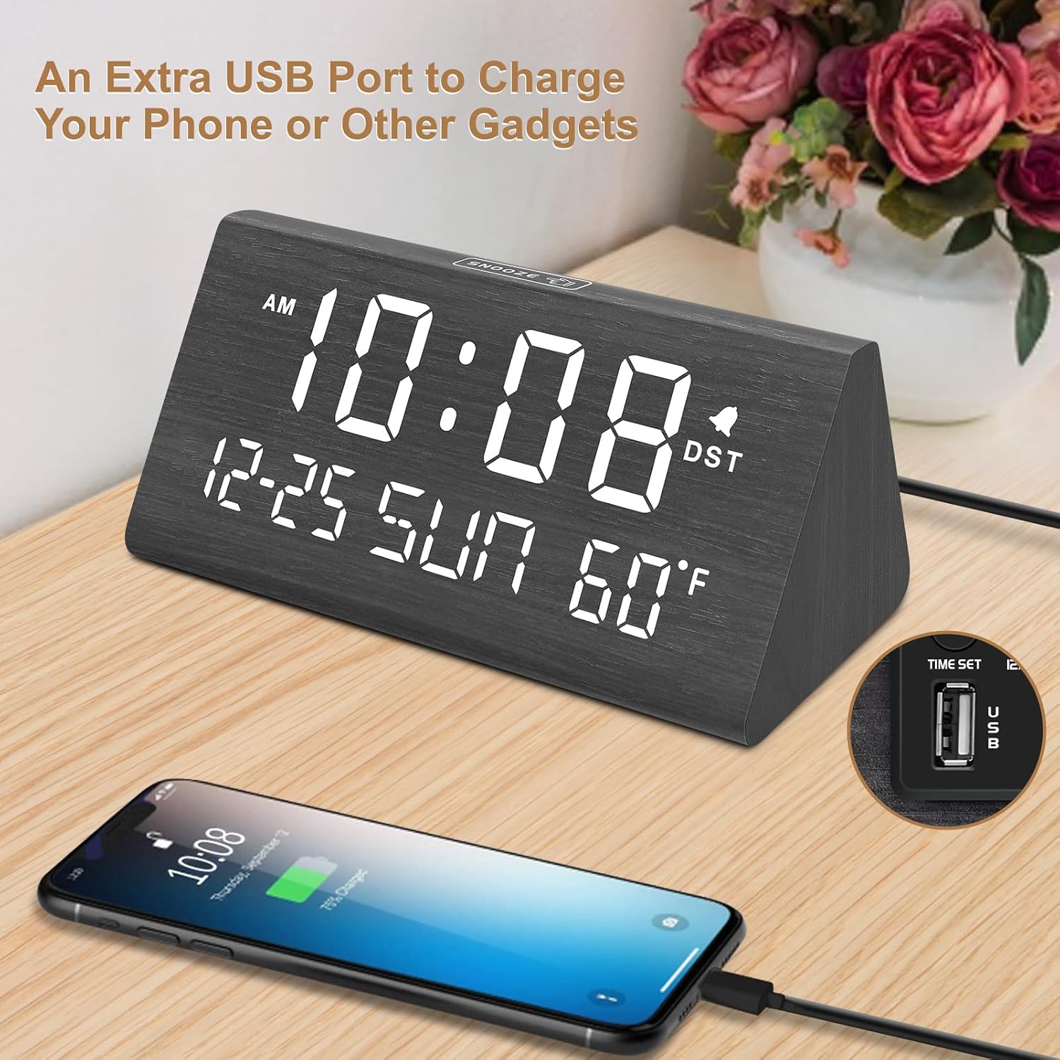 Dreamsky Digital Alarm Clocks For Bedrooms - Wooden Desk Clock With Date, Day Of Week, Usb Port, Temperature, Dimmer For Bedside Table, Living Room, Office, Adjustable Volume, Auto Dst, Wood Decor