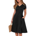 Women Summer Dress Casual Short Sleeve V Neck A-Line Knee Length Pleated Flowy 2026 Fashion Midi Dresses with Pocket