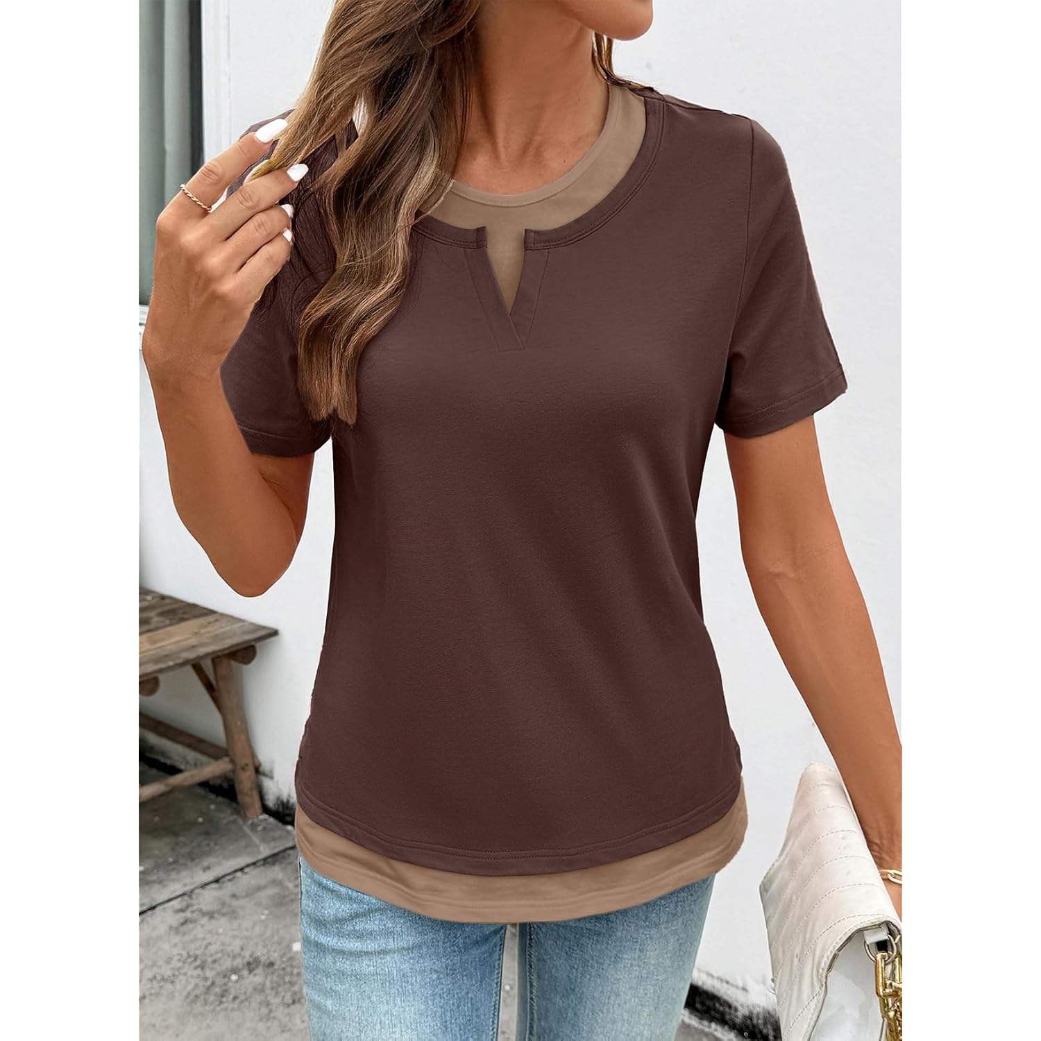 SHEWIN Womens Tops Casual Crewneck Color Block Short Sleeve Mock Double Layer T-Shirt Summer Outfits for Women 2026