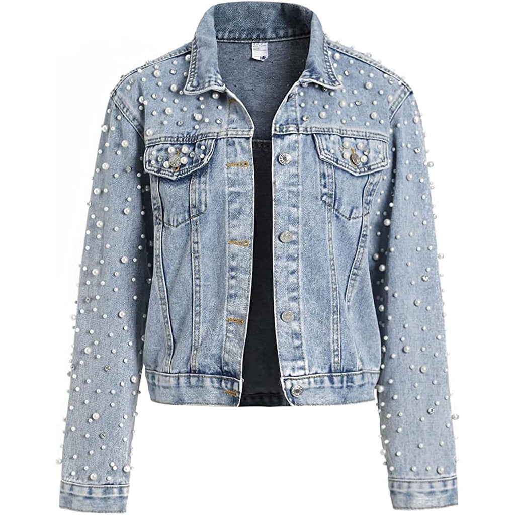 Women'S Pearls Denim Jacket Cropped Rhinestones Jean Jacket Coat