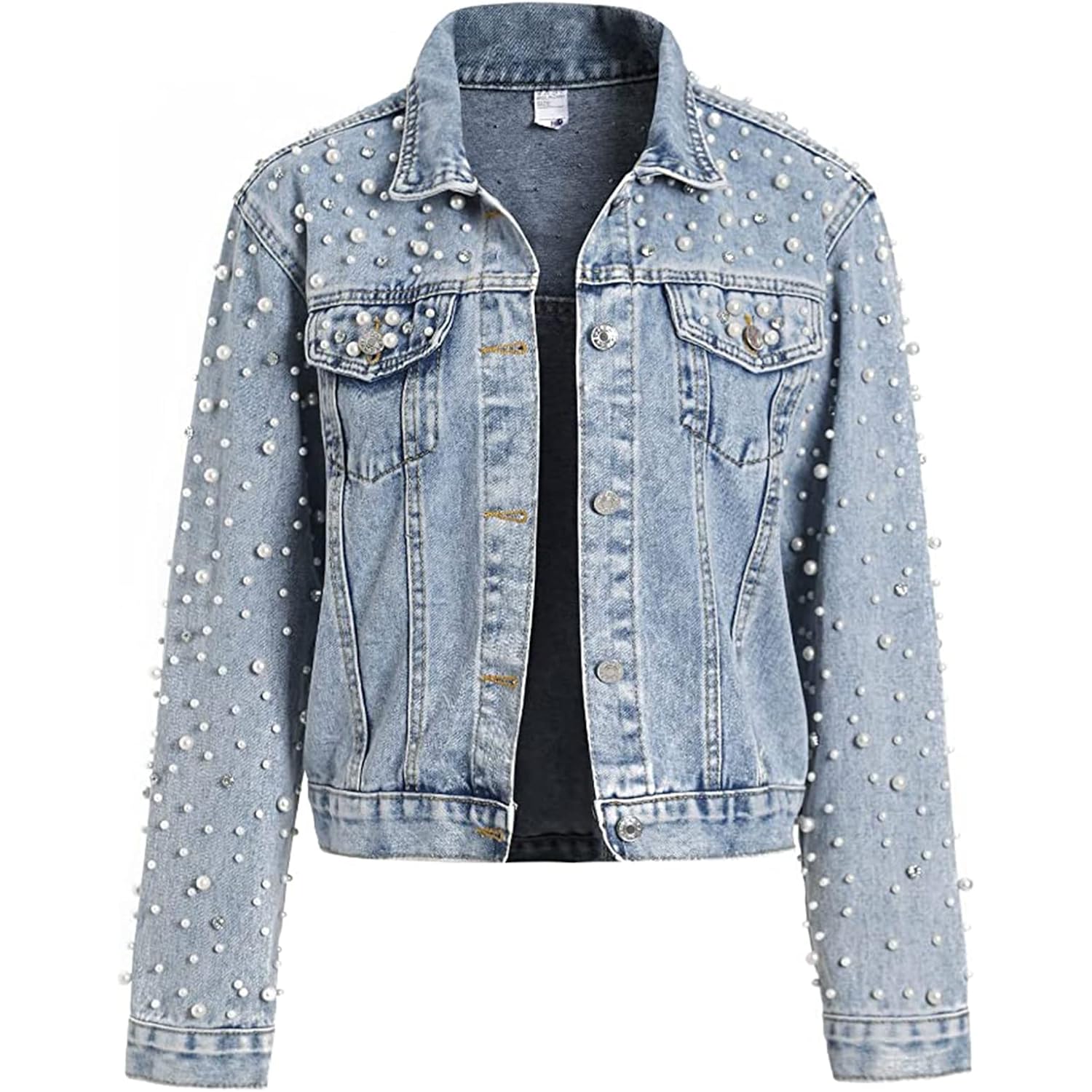 Women'S Pearls Denim Jacket Cropped Rhinestones Jean Jacket Coat