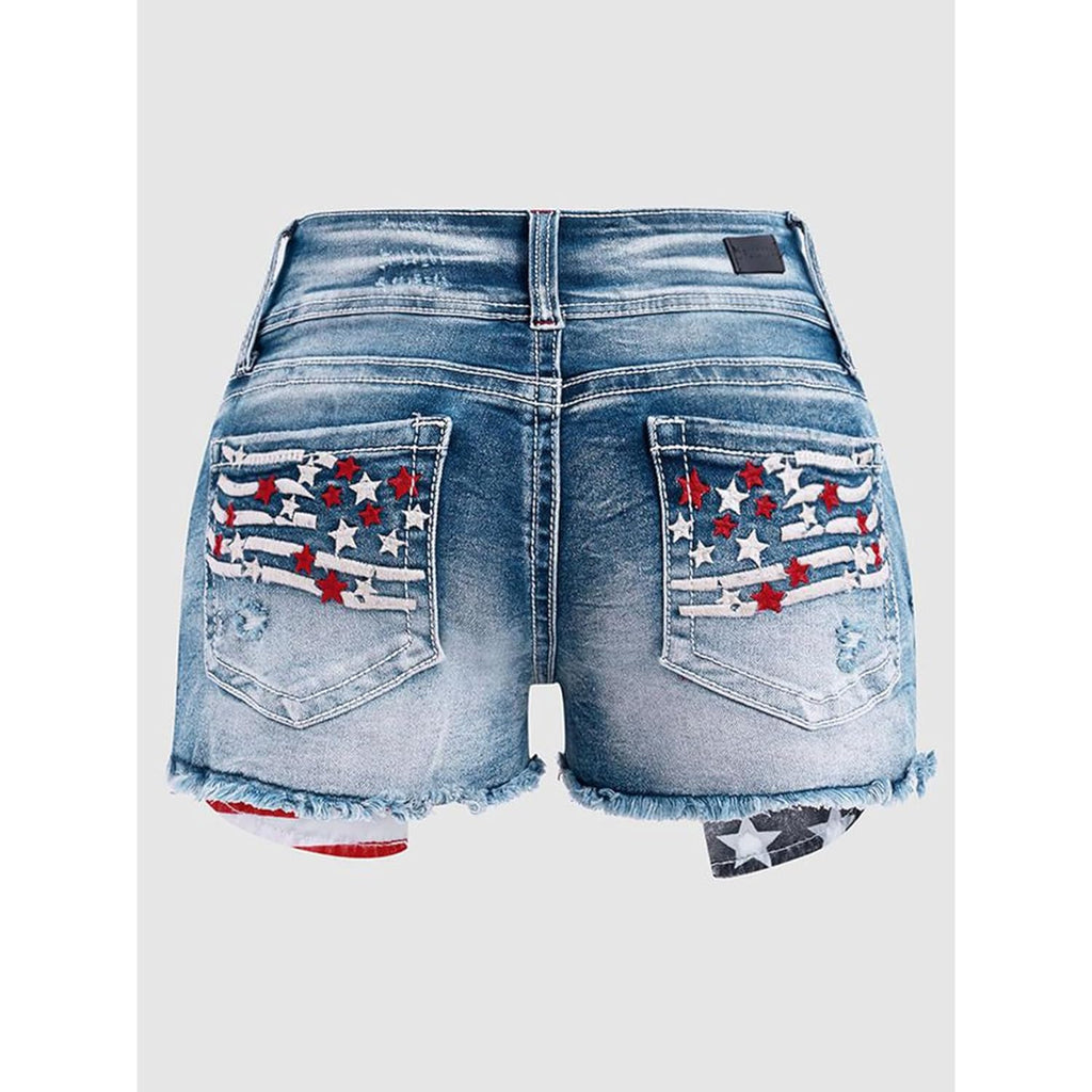 Distressed Jean Shorts for Women High Waist American Flag Button Fly Raw Hem Denim Shorts
