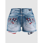 Distressed Jean Shorts for Women High Waist American Flag Button Fly Raw Hem Denim Shorts