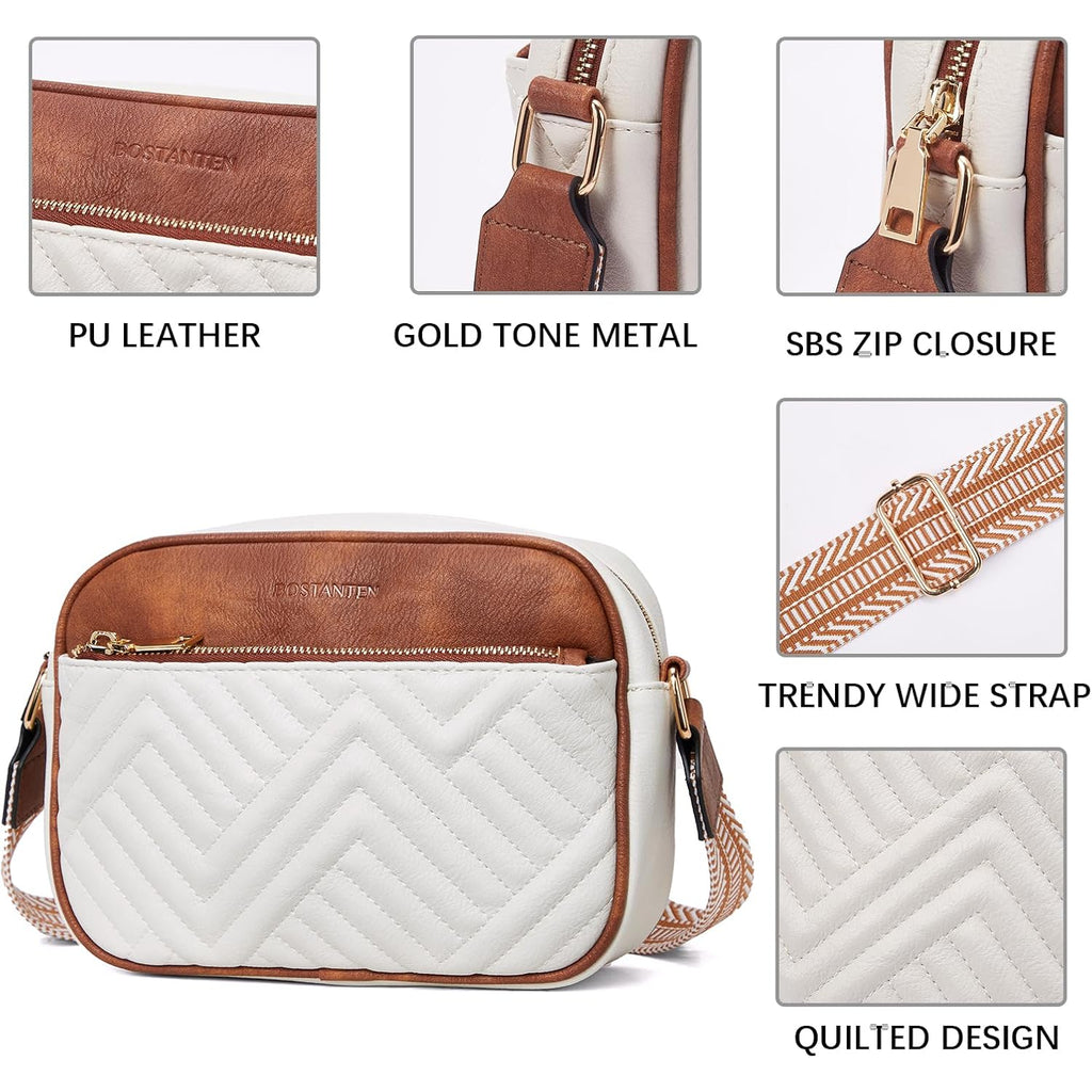 BOSTANTEN Quilted Crossbody Bags for Women Vegan Leather Purses Shoulder Handbags with Wide Strap