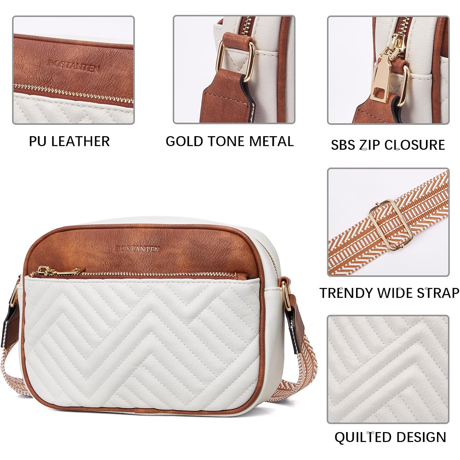 BOSTANTEN Quilted Crossbody Bags for Women Vegan Leather Purses Shoulder Handbags with Wide Strap
