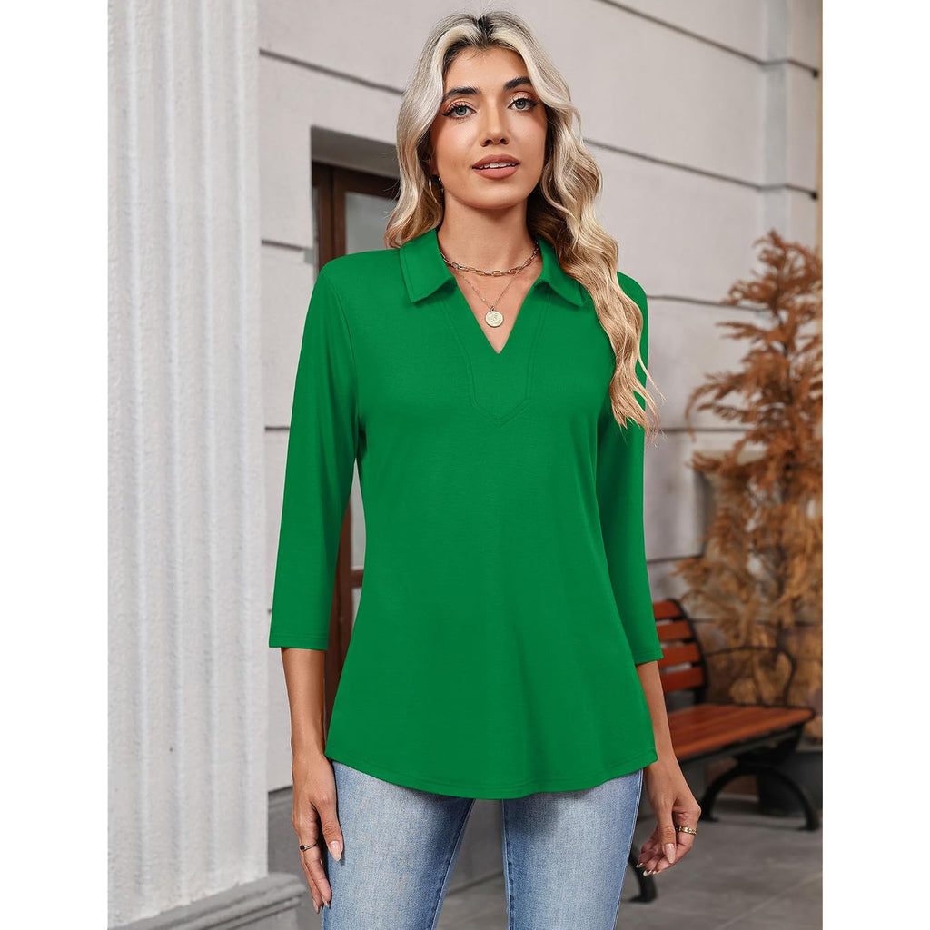 Lomon 3/4 Length Sleeve Womens Tops 2026 Spring Summer Collared Polo Shirts V Neck Casual Basic Polos Tees Shirt