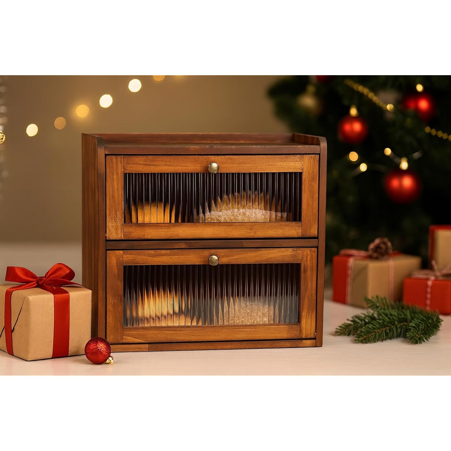 Sunhoo Bread Box For Kitchen Countertop Wooden Bread Storage Container Bin 2 Layer Breadbox Holder Large Capacity Keeper Vintage Farmhouse Food Organizer Pantry Shelf Acrylic Window (Brown)