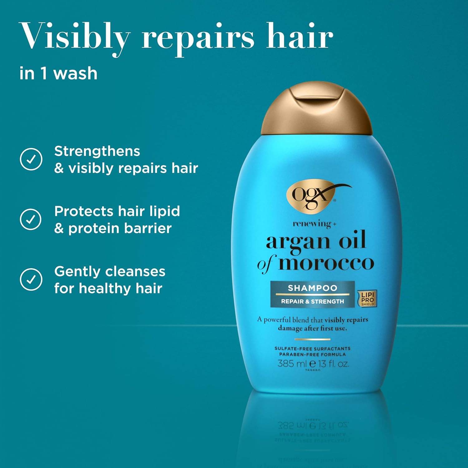OGX Renewing + Argan Oil of Morocco Shampoo, Damage Repairing Shampoo & Argan Oil to Help Strengthen & Repair Dry, Damaged Hair, Paraben-Free, Sulfate-Free Surfactants, 13 fl. Oz