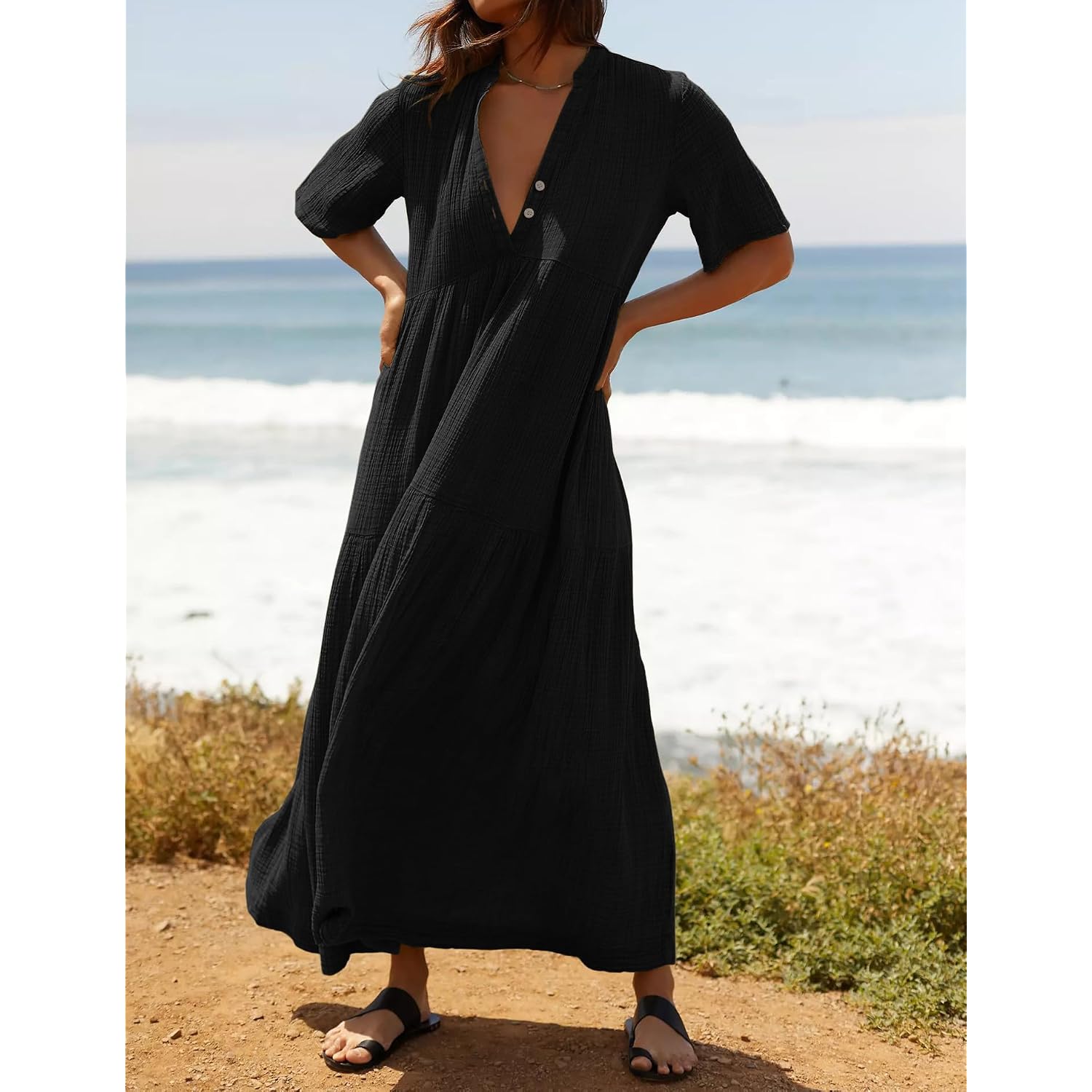 R.Vivimos Womens Summer Cotton Flowy Maxi Dress Short Sleeve V Neck Empire Waist Boho Tiered Ruffle Casual Loose Long Dresses