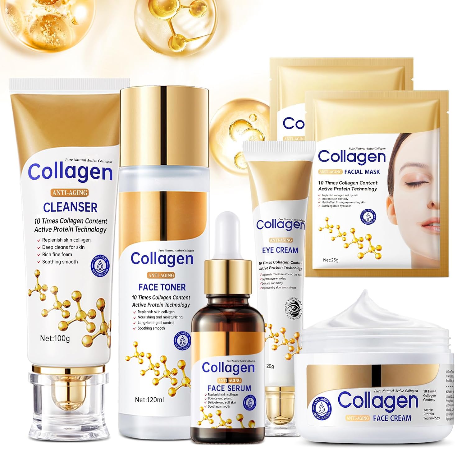 Collagen Skin Care Set, Anti Aging Skincare Set For Wrinkles & Fine Lines, Shrink Pores, Hydrate & Firm Skin, 7 Pcs Skincare Kits For Women With Cleanser, Toner, Serum, Cream, Eye Cream, 2 Pcs Masks.