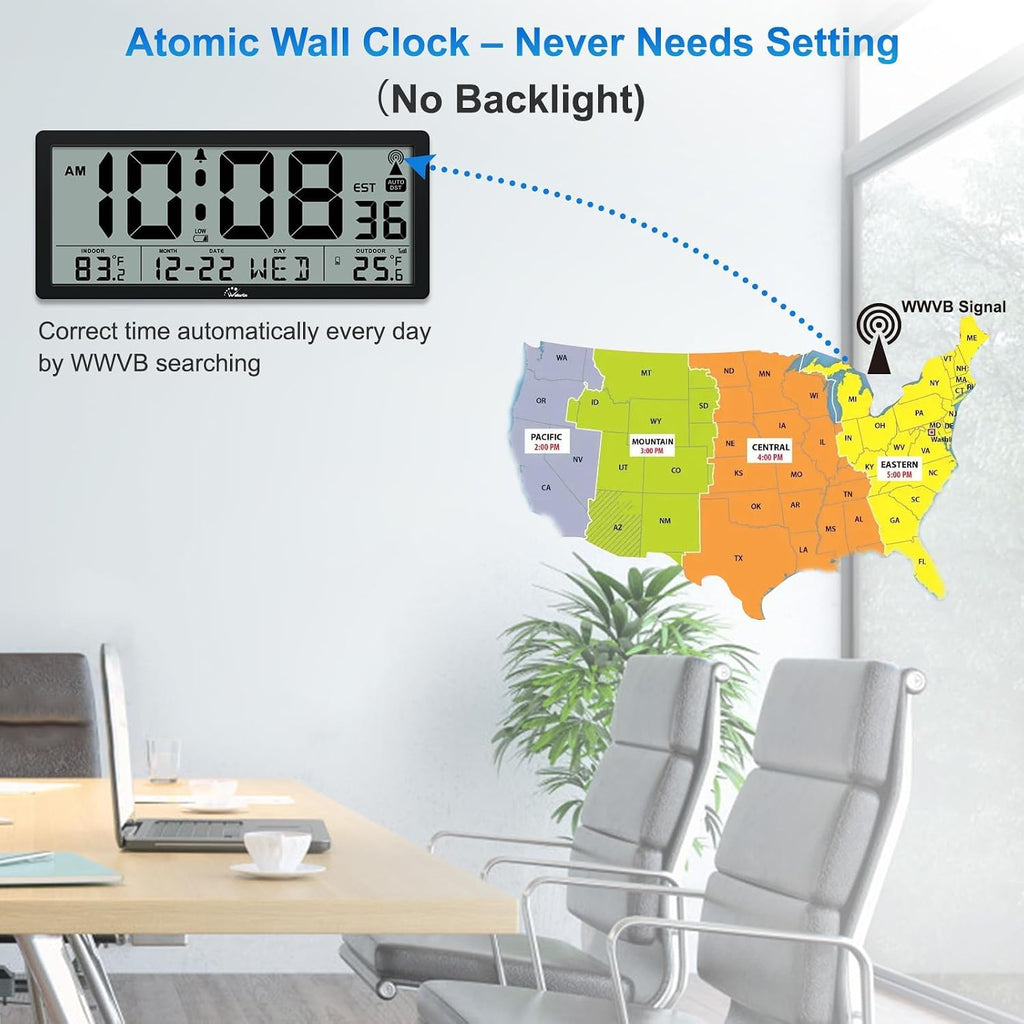 Atomic Clock With Indoor Outdoor Temperature, 14.5" | Easy To Read, Self Setting, Jumbo Auto Set Digital Wall Clock, Battery Operated