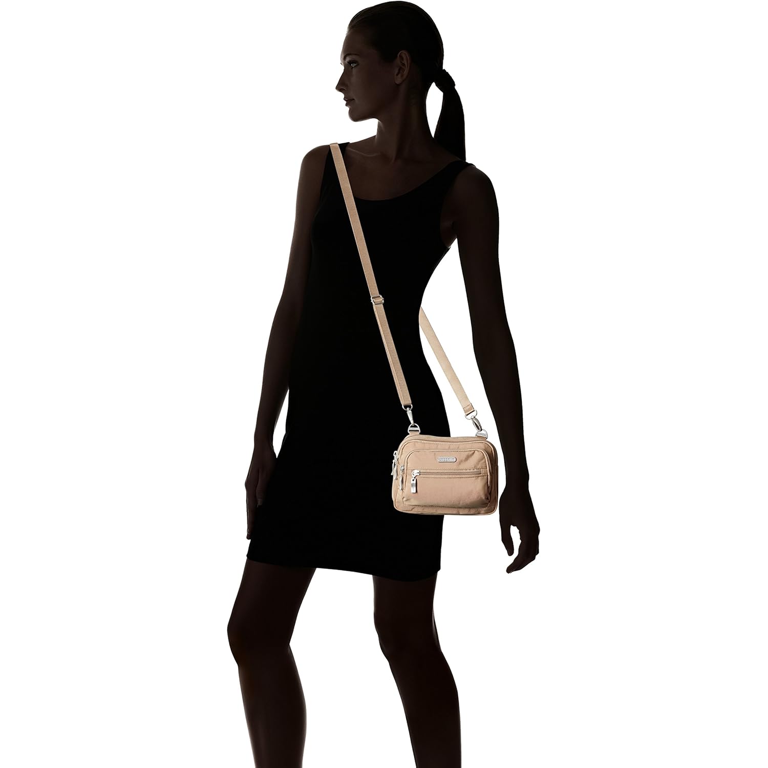 Baggallini Triple Zip Small Crossbody Bag for Women - Lightweight Convertible Fanny Pack Belt Bag