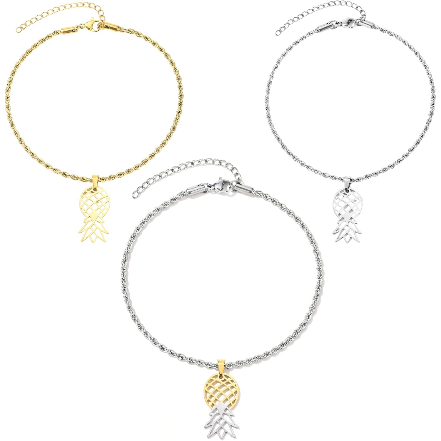 Upside Down Pineapple Anklet - Gold, Silver, or Combo Colored Stainless Steel Upside Down Pineapple Pendant Ankle Bracelet with Rope Chain