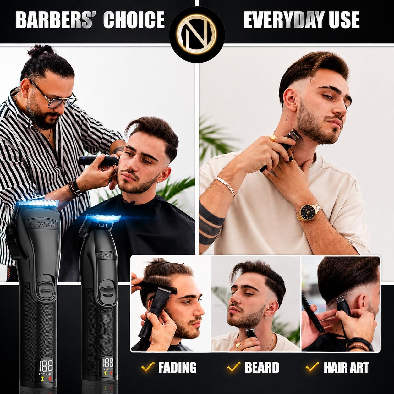 Novah® Professional Hair Clippers For Men, Professional Barber Clippers And Trimmer Set, Mens Cordless Hair Clipper For Barbers Haircut Kit Fade