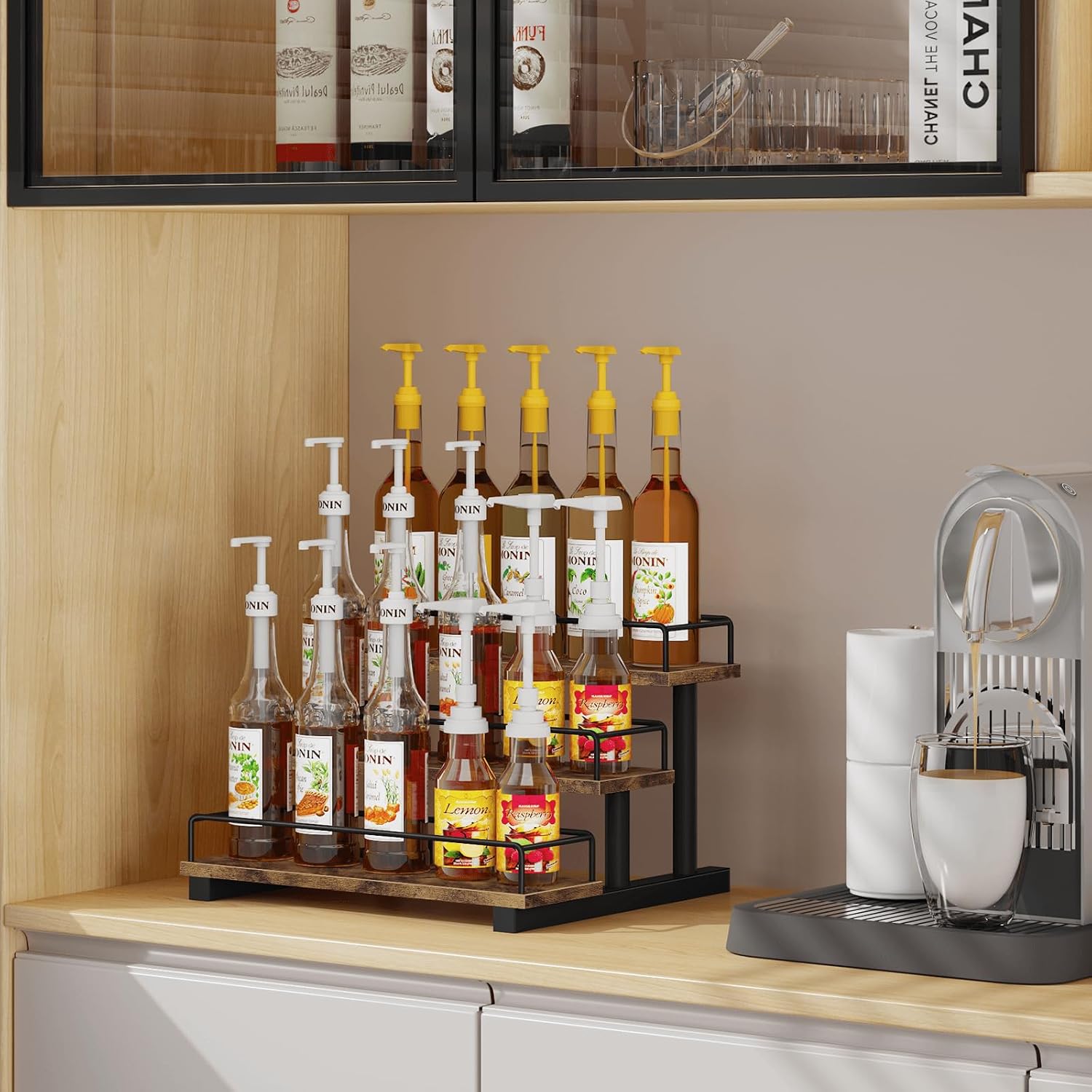 Liquor Bottle Display Shelf, Coffee Syrup Rack Organizer, 3 Tier Wine Rack Countertop, Home Retro Bar Shelf Stand Holder For Liquor Whiskey Spirits, Mini Bar, Liquor Cabinet, Rustic Brown