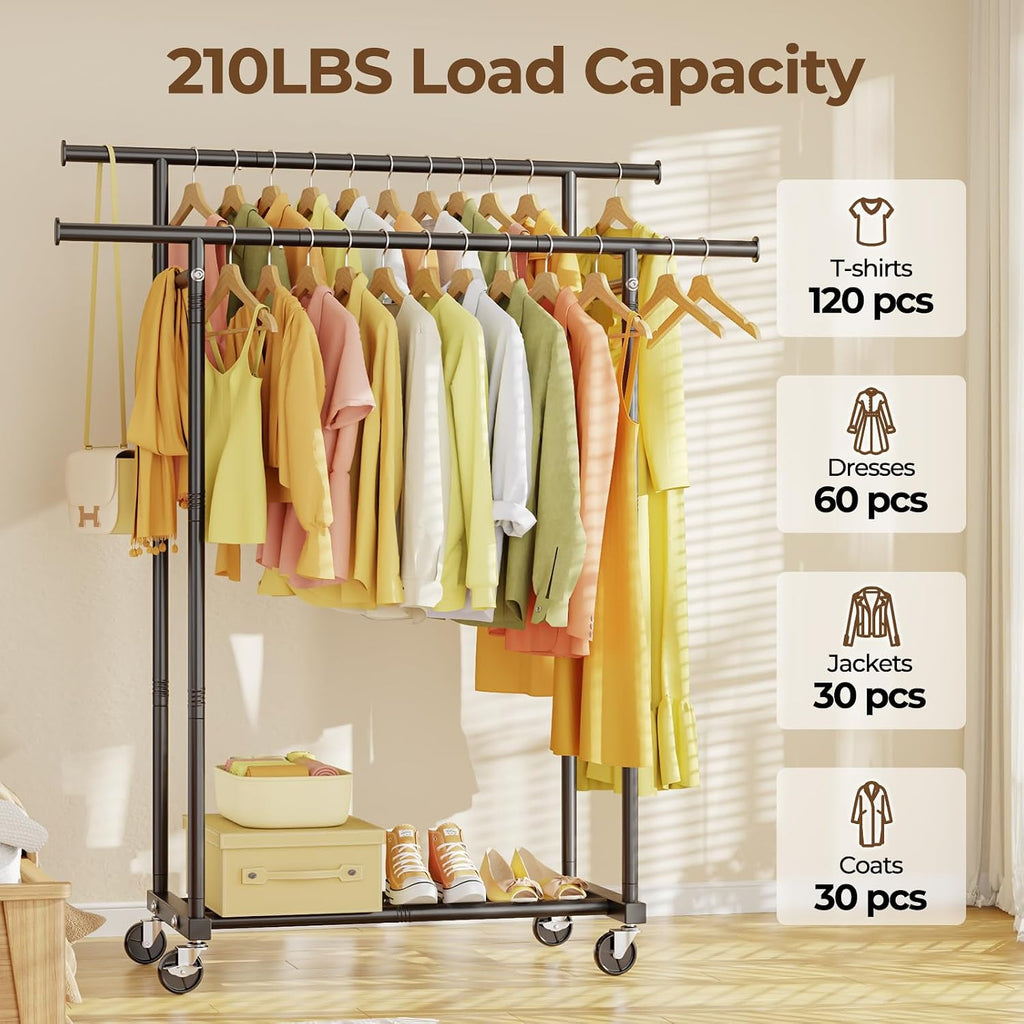 Hyseyy Double Rods Clothes Rack, Rolling Clothing Rack For Hanging Clothes Portable Wardrobe Rack, Metal Garment Rack Sturdy Coat Rack For Bedroom Laundry Living Room, Black