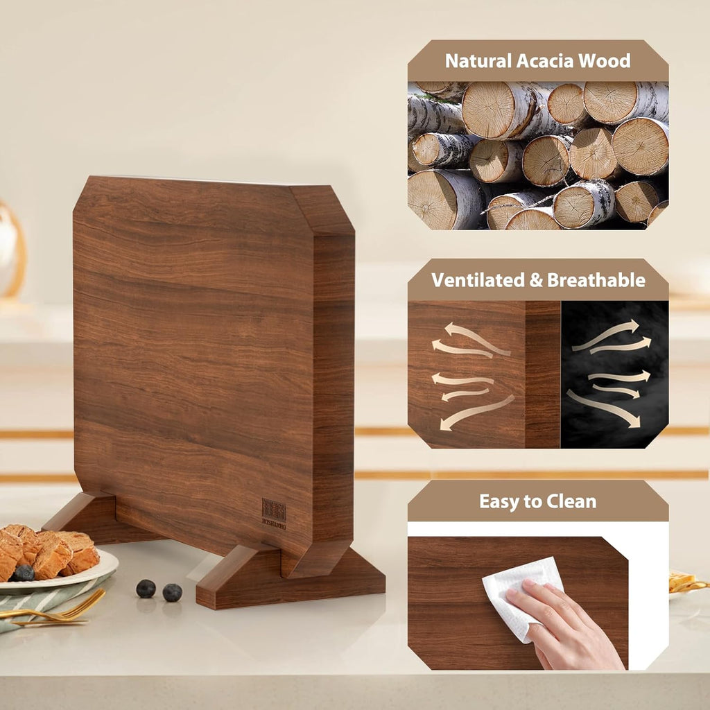 HOSHANHO Magnetic Knife Block, Thickened Acacia Wood Kitchen Knife Holder Stand with Strong Magnets, Multifunctional Double Side Knife Storage Organizer for Kitchen Counter