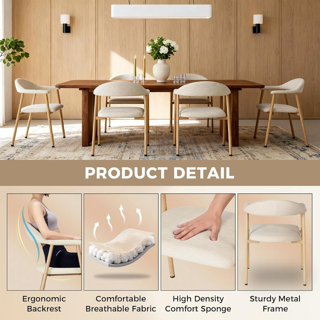Dumos Dining Chairs Set Of 4, Linen Fabric Upholstered Kitchen Side Chairs With Curved Backrest & Metal Legs, Modern Farmhouse Accent Chair For Dining Room Kitchen Living Room Cafe, Beige
