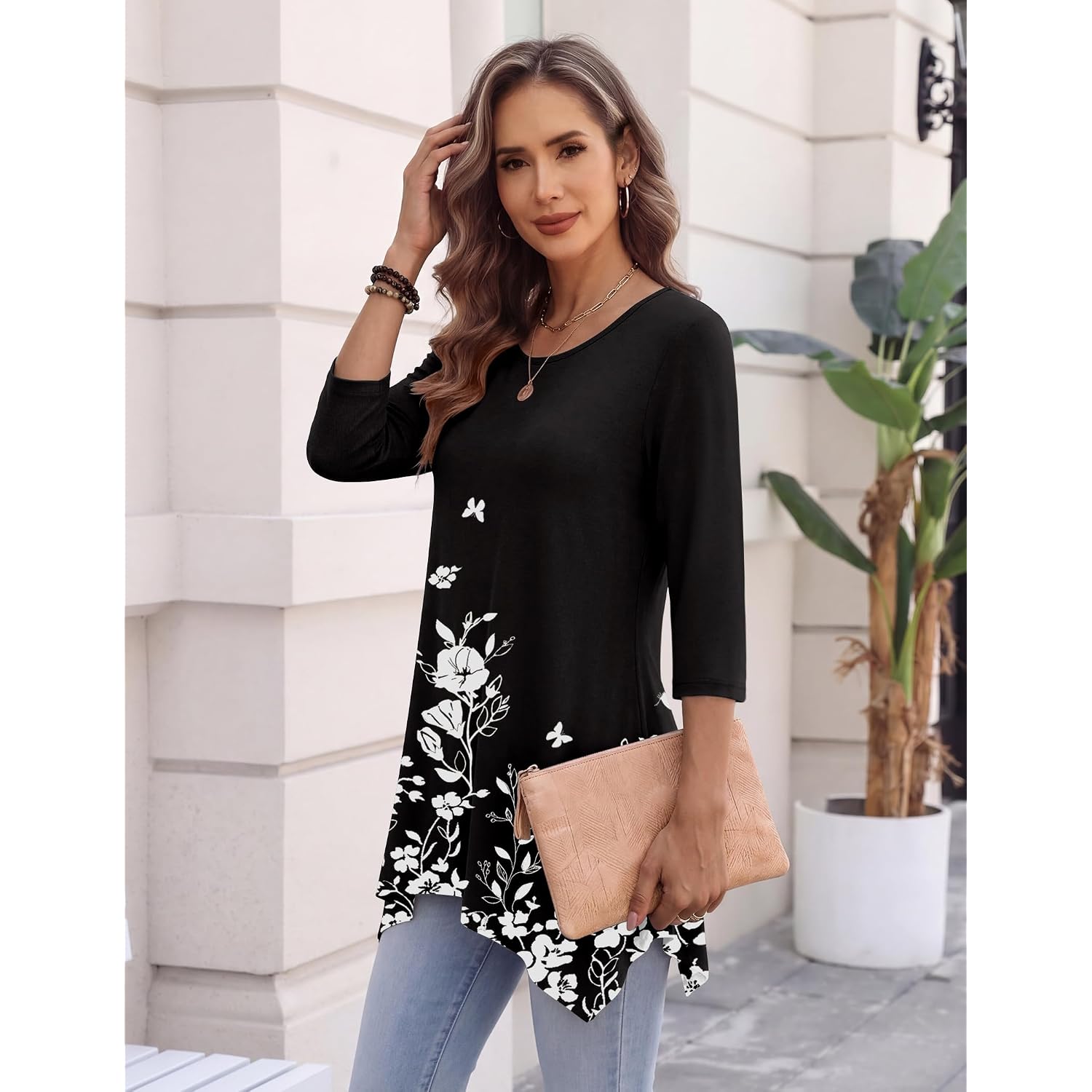 Zeagoo 3/4 Sleeve Womens Tops Dressy Casual Tunics To Wear With Leggings Loose Fit Cute Blouses 2026 Trendy