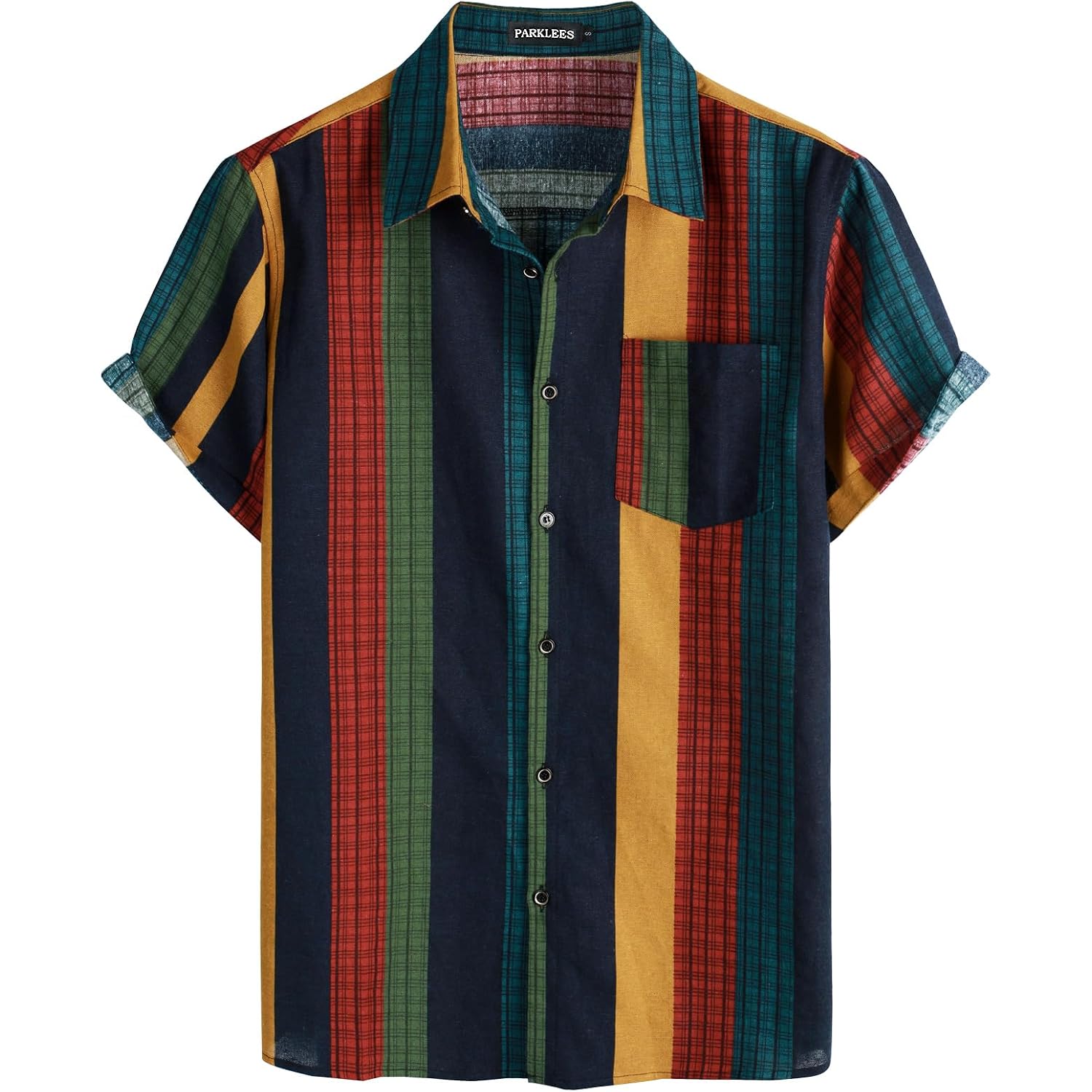 Parklees Men'S Cotton Linen Vintage Pattern Printed Old Style Shirt Casual Short Sleeve Button Down Retro Shirts