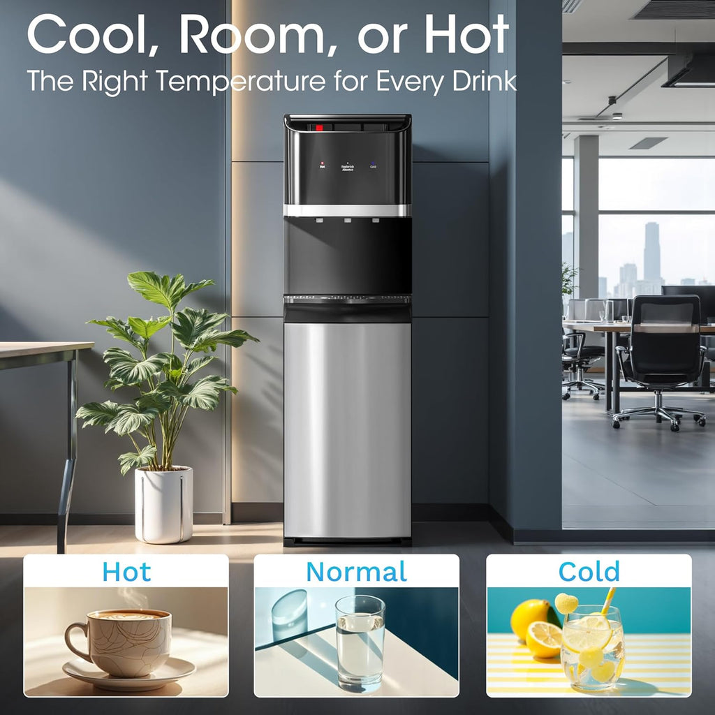 Manastin Bottom Loading Water Cooler Dispenser for 5 Gallon Bottles, Stainless Steel Water Cooler with 3 Temperature Settings - Hot, Cold & Room Water, Ideal Design for Home & Office, Sleek Black
