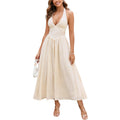 Parthea Women'S Gingham Halter V Neck Midi Dress Corset Smocked Sundress Flowy A Line Wedding Guest Dresses