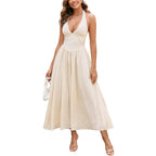 Parthea Women'S Gingham Halter V Neck Midi Dress Corset Smocked Sundress Flowy A Line Wedding Guest Dresses