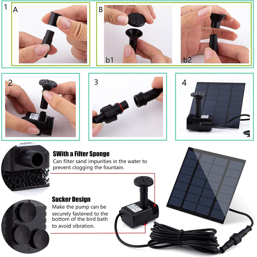 Solar Fountain Pump Kit With Separate Solar Panel, 1.8 W Upgraded Solar Water Pump With 9.84Ft Cable & 4 Nozzles Solar Water Fountain For Bird Bath,Pond, Patio Garden Water Pump With Built-In Filter