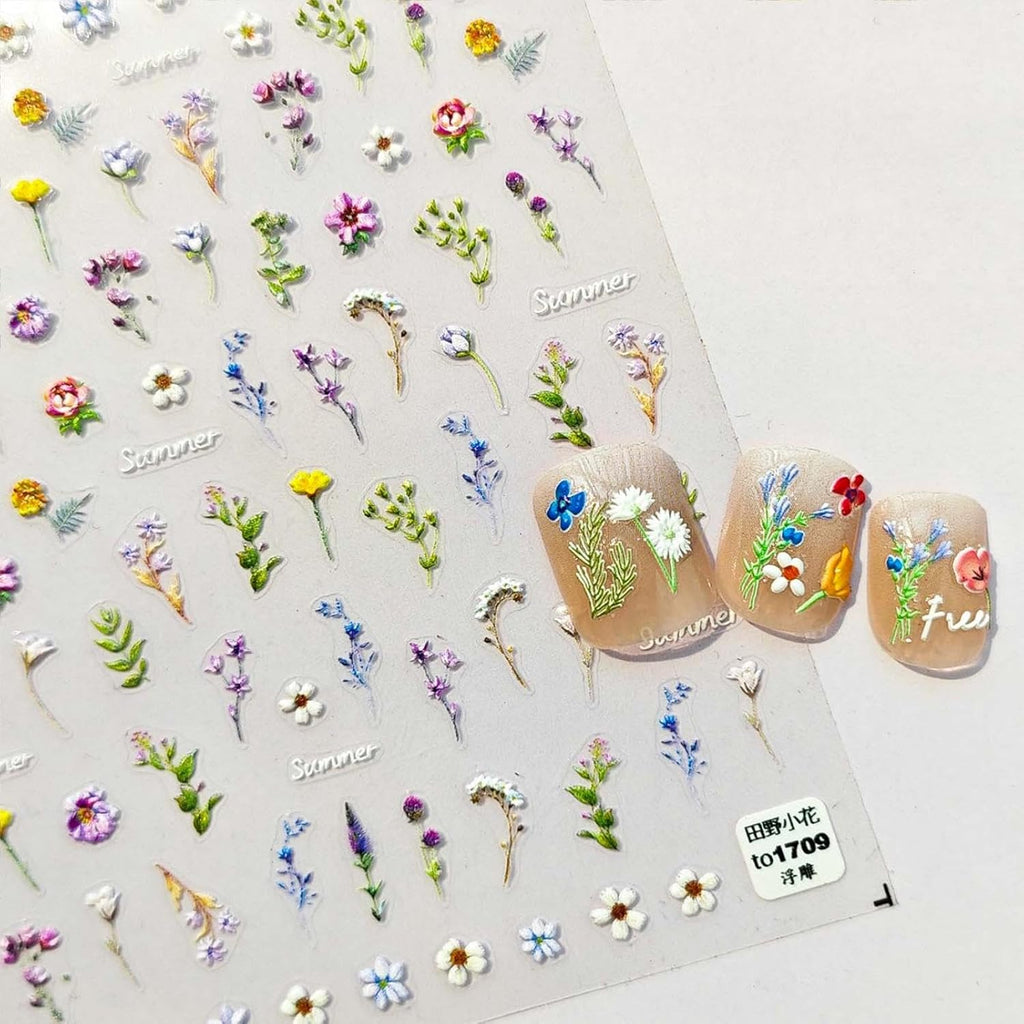 5D Embossed Flower Nail Stickers for Nail Art - Flower Nail Art Stickers Spring Summer Floral Leaf Plant Nail Decals Self-Adhesive Nail Supplies Manicure Sliders Flowers Sticker for Women Girls DIY