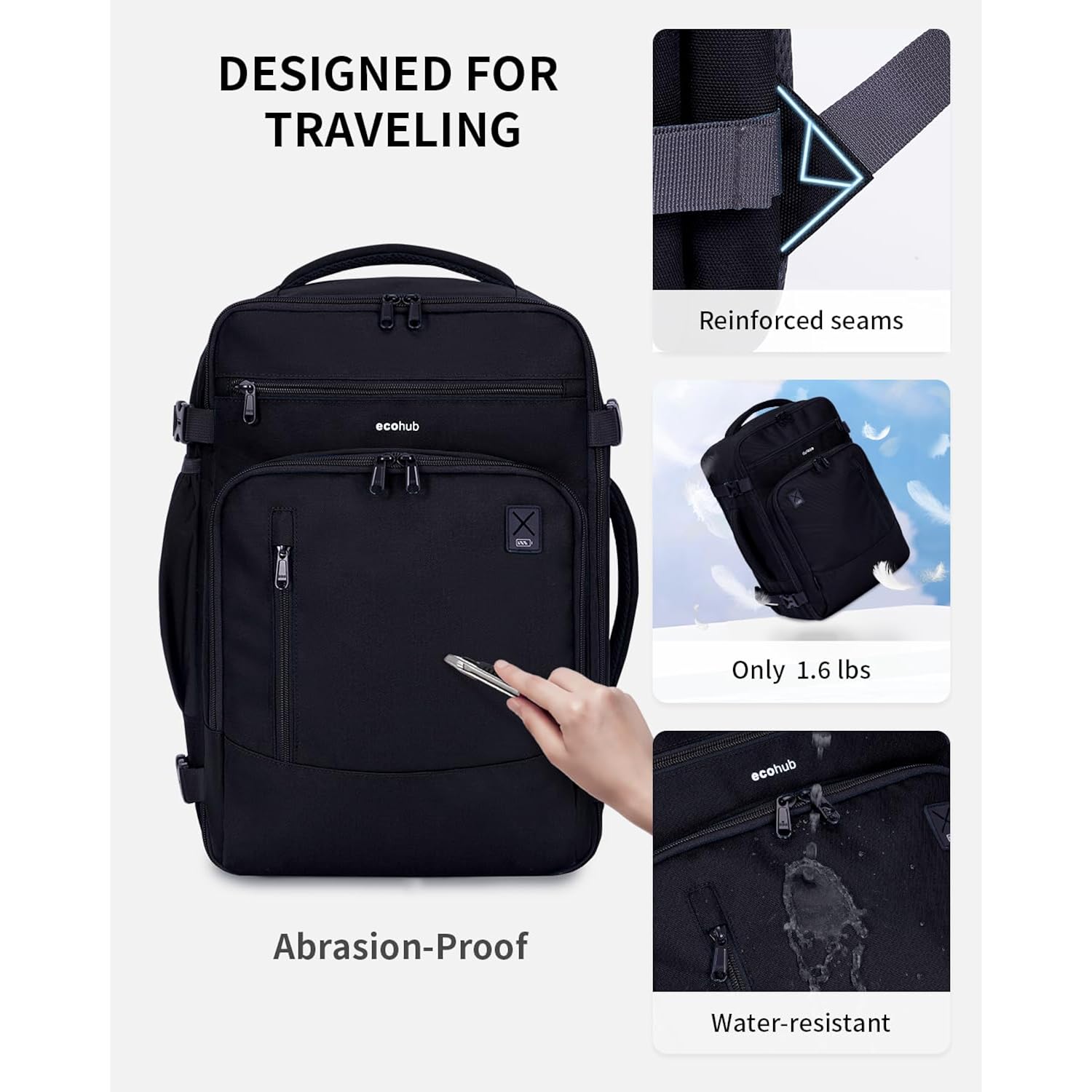 Ecohub 17" Small Travel Backpack, United Airlines Personal Item Bag 17X10X9 With 16 Pockets, Water Resistant Rucksacks Fit 15.6" Laptop, Airtag Pocket, Lightweight Casual Daypack, 25L, Black