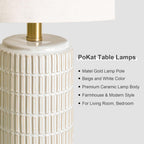 Pokat Ceramic Table Lamps Set Of 2 For Bedroom Living Room, 21.5'' White | Bedside Lamps For Nightstands, Compact Size, Modern Design With Gold Base, Farmhouse Home Decor For Living Room End Table