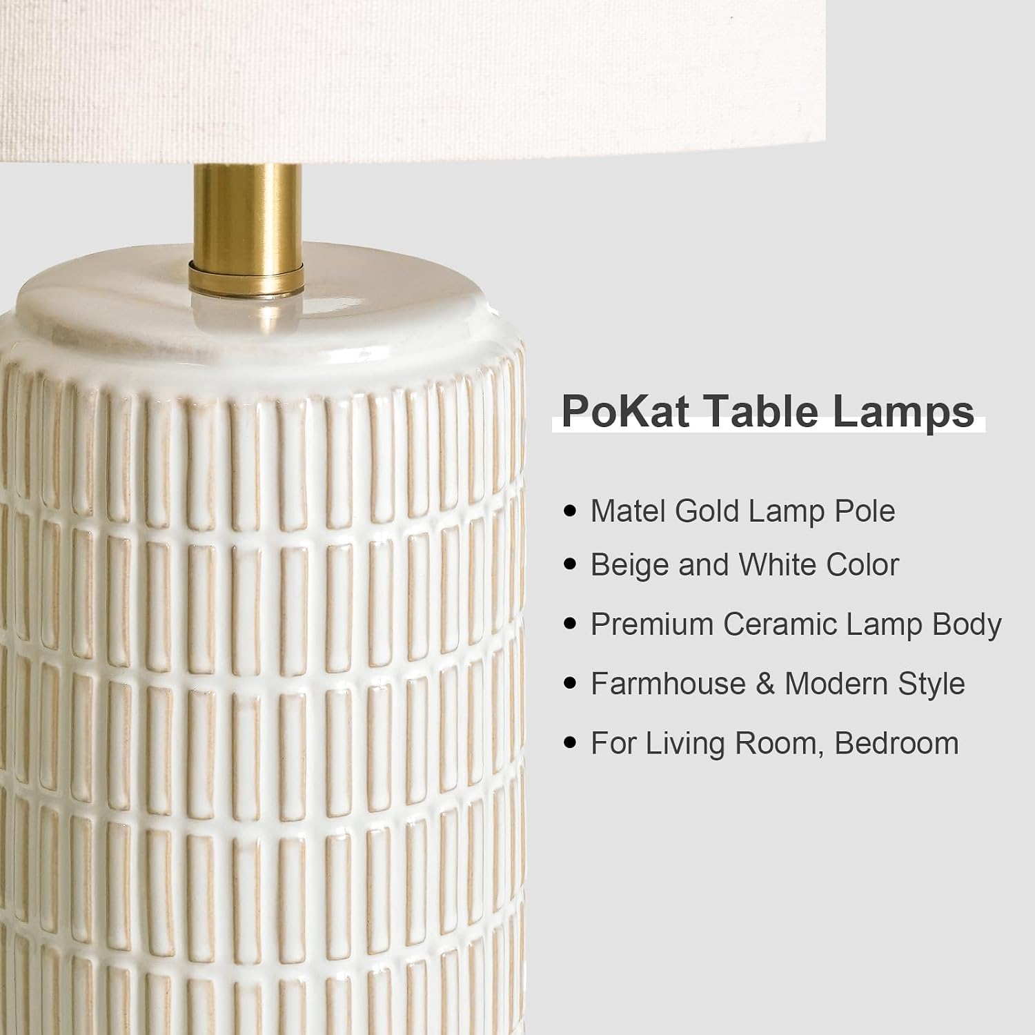 Pokat Ceramic Table Lamps Set Of 2 For Bedroom Living Room, 21.5'' White | Bedside Lamps For Nightstands, Compact Size, Modern Design With Gold Base, Farmhouse Home Decor For Living Room End Table
