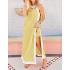 Hooever Women'S 2 Piece Sets Boho Color Block Sleeveless Maxi Dress Matching Shorts With Pockets
