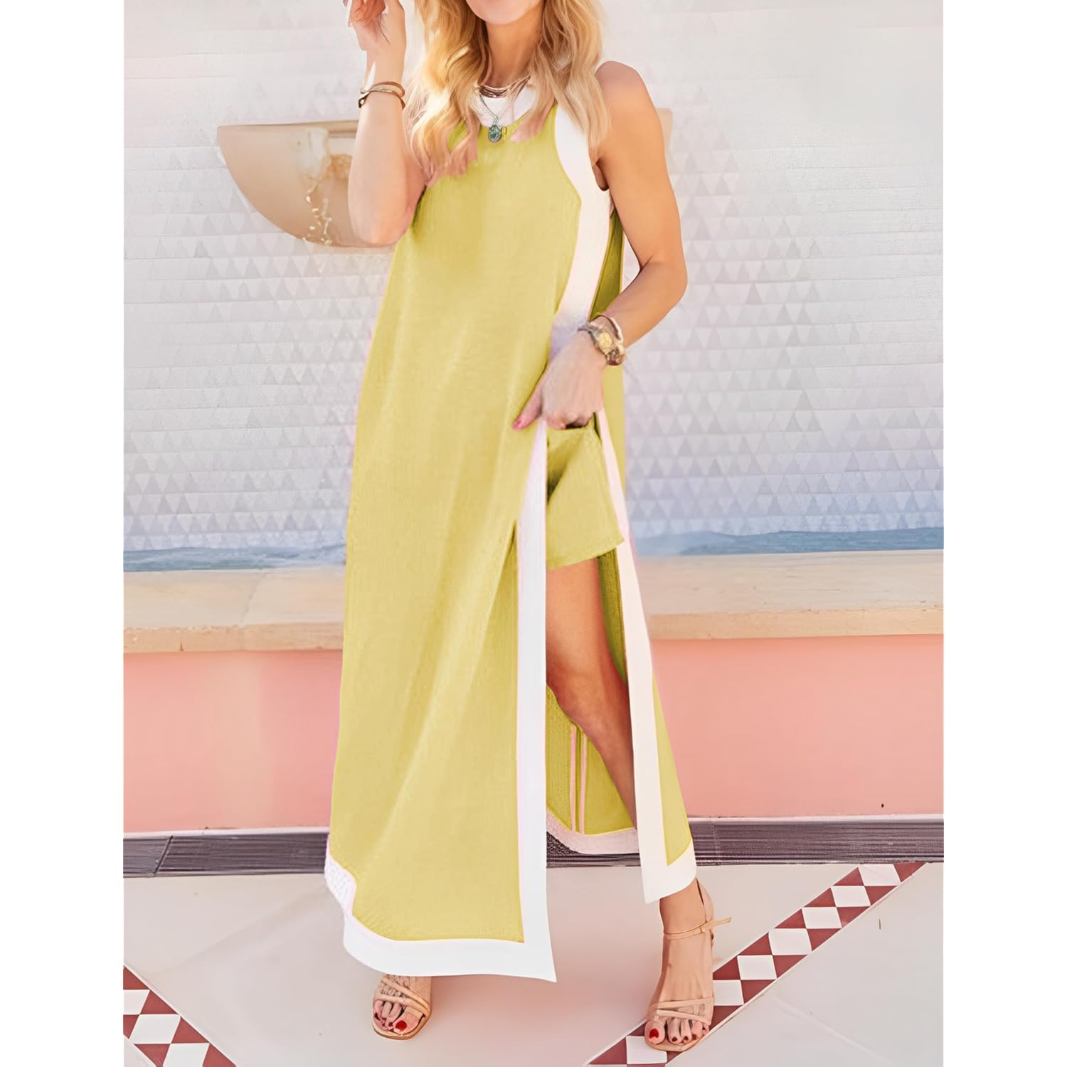 Hooever Women'S 2 Piece Sets Boho Color Block Sleeveless Maxi Dress Matching Shorts With Pockets