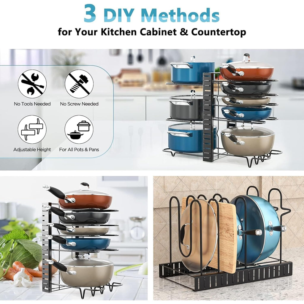 Pots And Pans Organizer For Cabinet 16.61 Height, 8 Tier Pot Organizers Rack With 3 Diy Methods, Adjustable Pan Organizer Under Cabinet Kitchen Organization And Storage