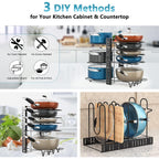 Pots And Pans Organizer For Cabinet 16.61 Height, 8 Tier Pot Organizers Rack With 3 Diy Methods, Adjustable Pan Organizer Under Cabinet Kitchen Organization And Storage